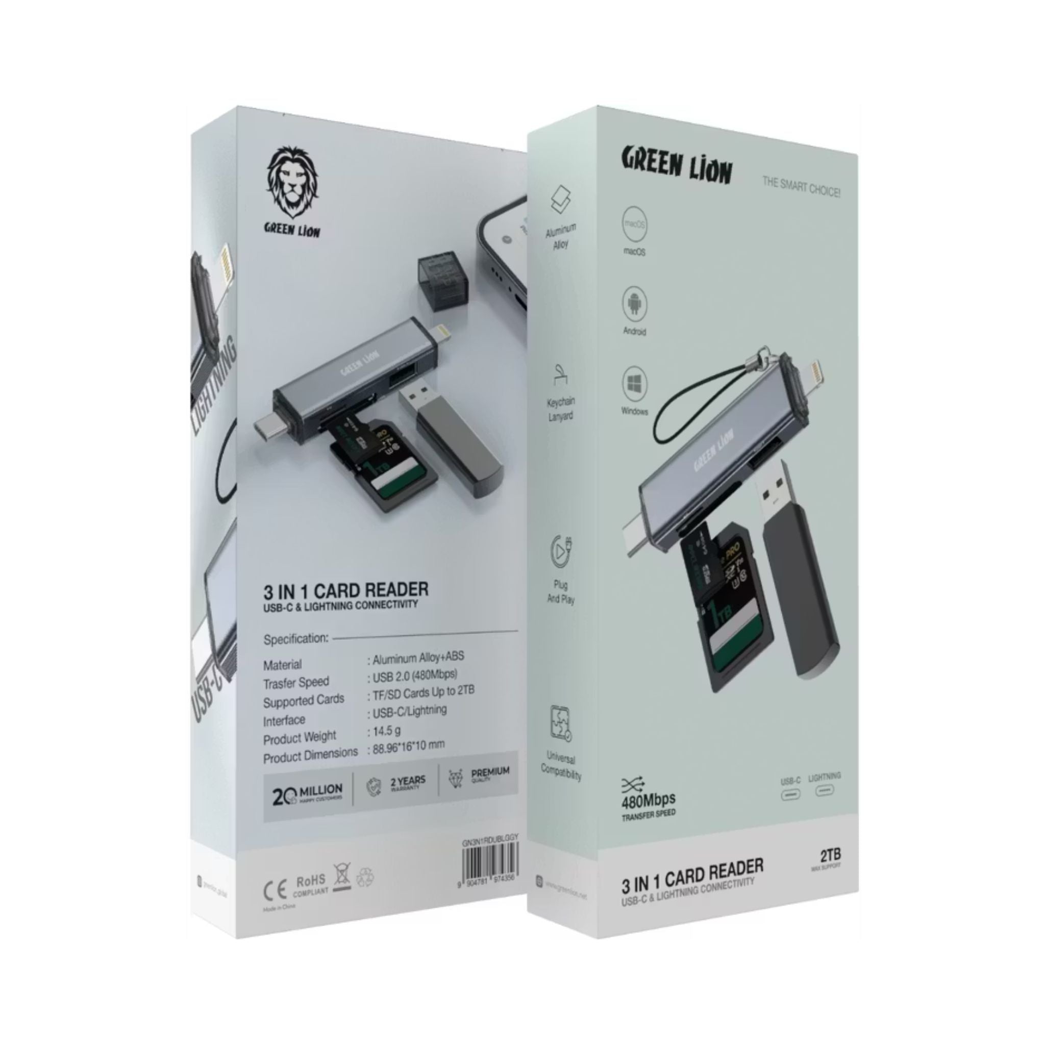 Green Lion 3-in-1 Card Reader with USB-C & Lightning Connectivity, Keychain Lanyard, Aluminum Alloy Material, Plug & Play, Universal Compatibility, 480Mbps Transfer Speed - Gray