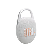 A white JBL Clip 5 portable wireless speaker with a built-in carabiner.