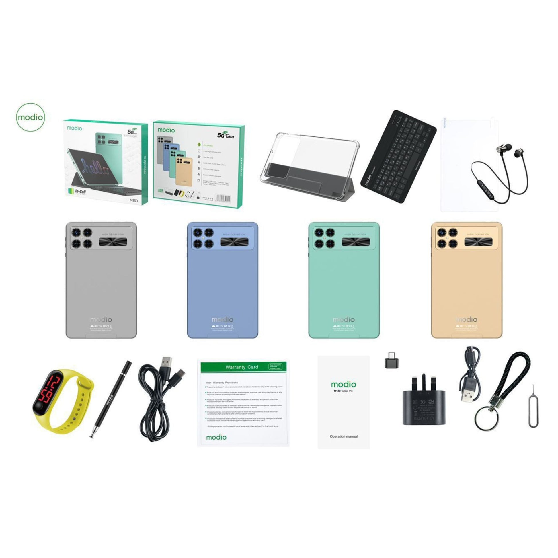 An 8-inch Modio M130 5G Wifi tablet PC with high definition IPS display, featuring a gold color. It comes with a charger, USB cable, protective case, screen protector, and other accessories.