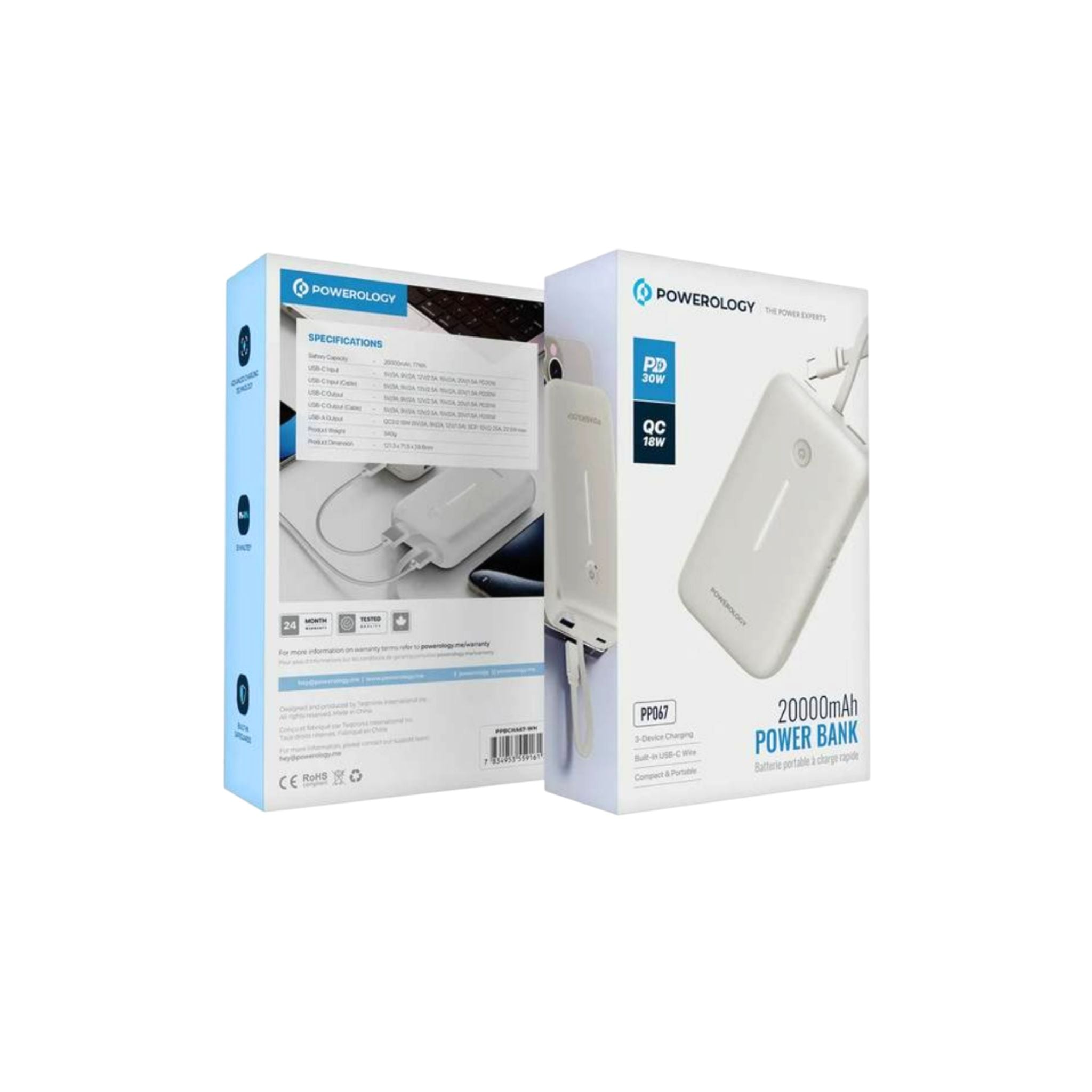 Powerology 20000mAh Power Bank with Detachable USB-C Wire, 30W Power Delivery, 3-Device Charging, Long Time Standby, Universal Phone Compatibility, Built-in Safeguards - White