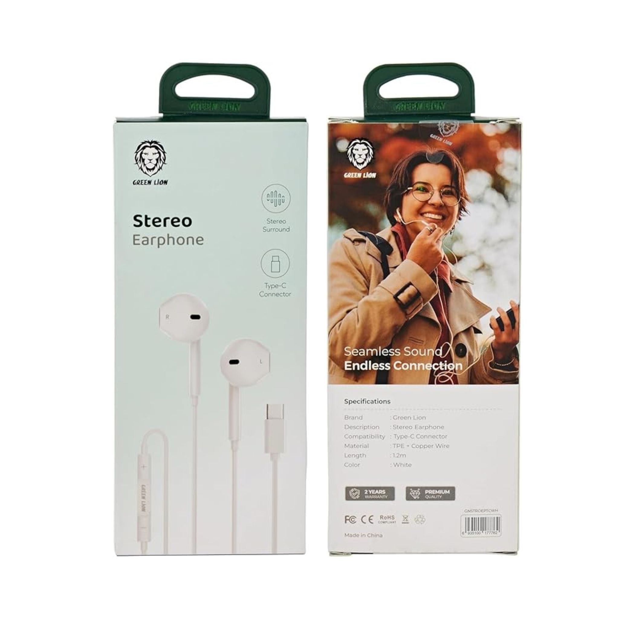 Green Lion Wired Stereo Earphones Type-C Connector, 1.2m Cable Length, Durable Material, 14.2mm Speaker Size - White