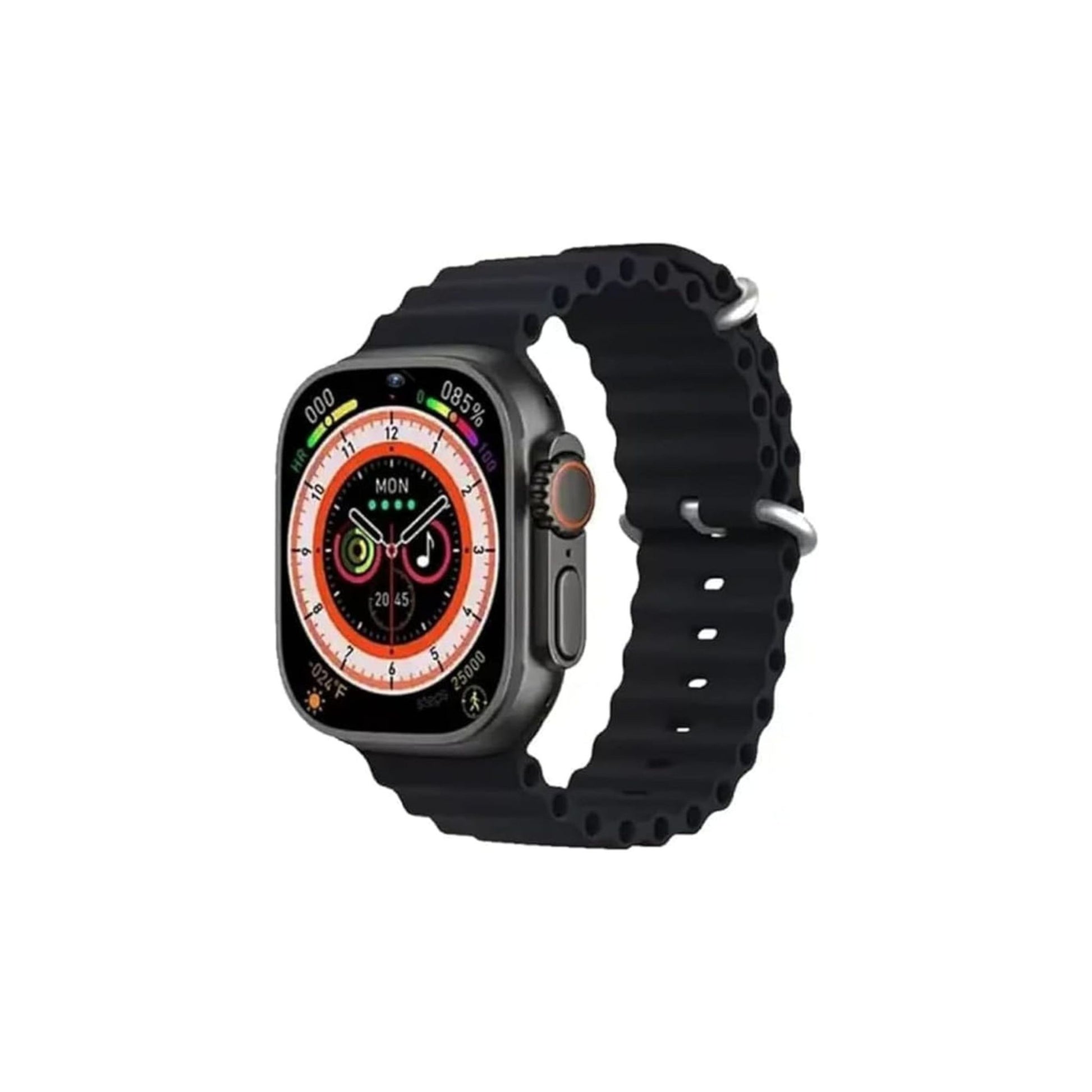 A black Modio smartwatch with a digital display and a black band. The watch has a sporty design with a textured case and a buckle clasp.