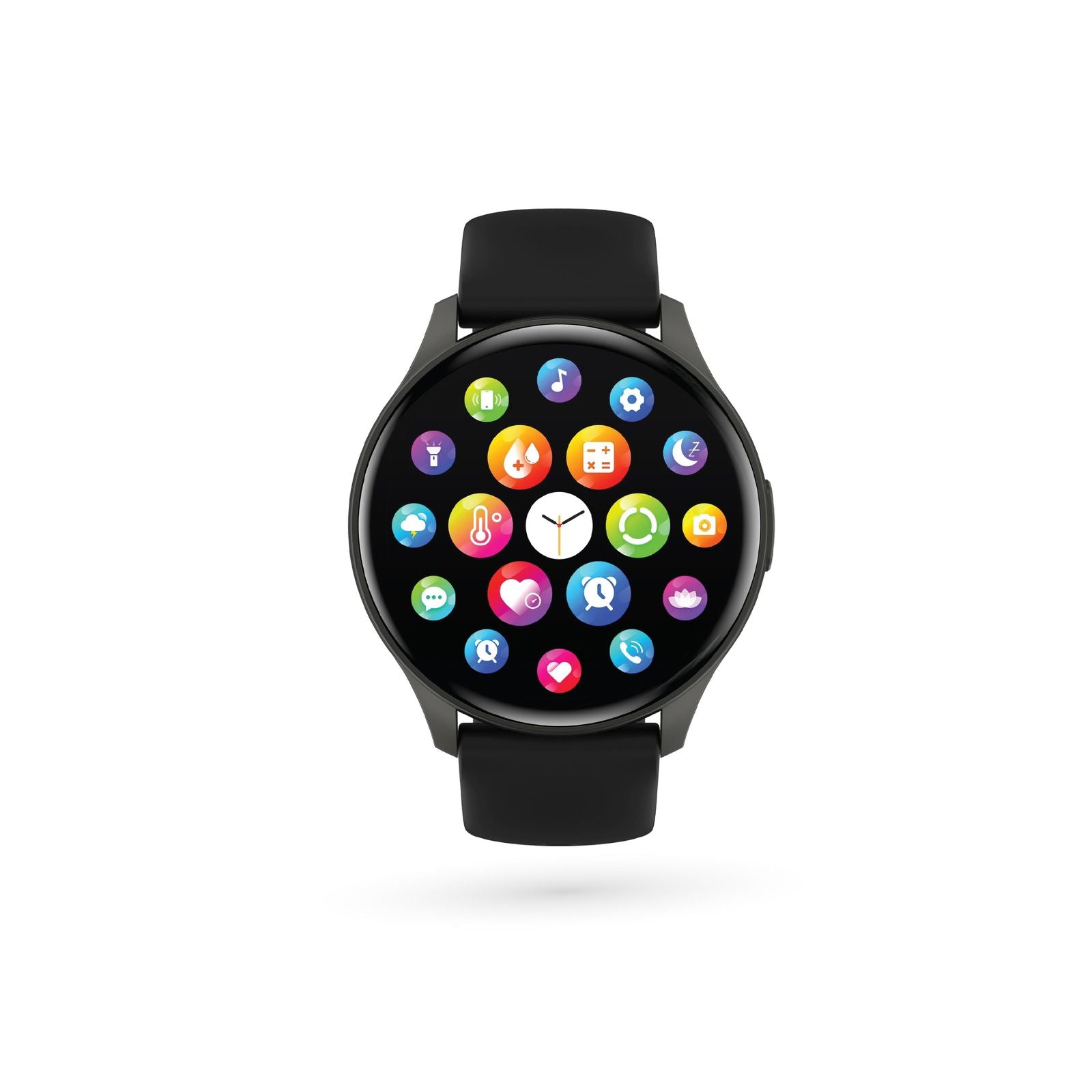 A black smartwatch with a colorful digital interface displaying time and various app icons.